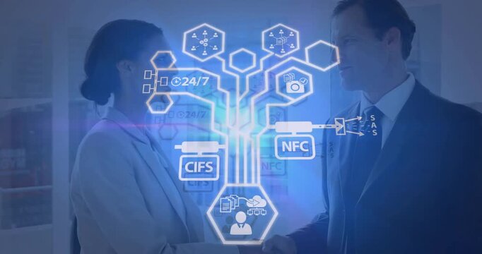 Business professionals shaking hands, generating holo CIFS&ndash;NFC&ndash;SAS network marking data partnership