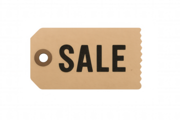 Sale cardboard price tag with rough edge and grommet, discount label for retail promotion, transparent background