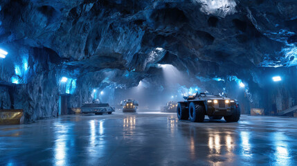 Autonomous Vehicles Operate Inside Mine Environment with High-Tech Lighting and Industrial Equipment