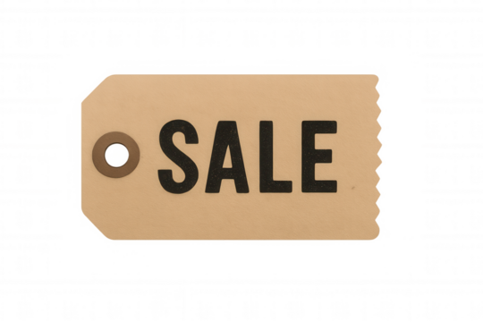 Sale cardboard price tag with rough edge and grommet, discount label for retail promotion, transparent background