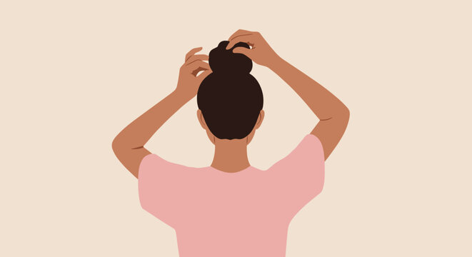 Woman doing hair bun from back view for beauty routine, hairstyle tutorial and personal care illustration