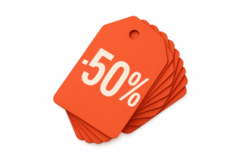 Stack of orange 50% discount price tags, shop clearance sale promotion symbol offering reduced prices