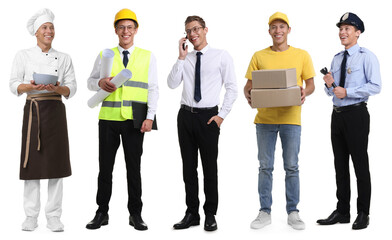 Obraz premium Choice of profession. Same man representing different occupations. Collage of portraits on white background