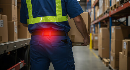 Worker experiencing back pain while lifting box in a warehouse, highlighting occupational injury