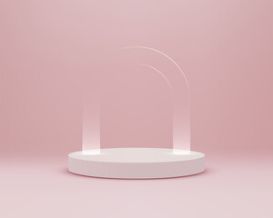 Minimal pastel mockup with white circular podium and transparent light arches in a soft pink studio, designed for product display, branding, cosmetic showcase