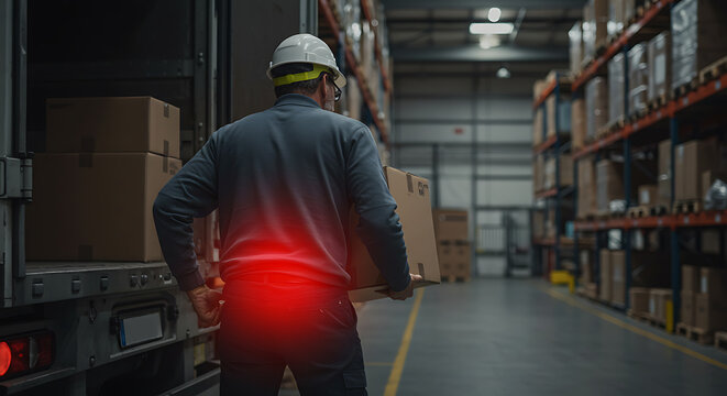 Warehouse worker experiencing severe lower back pain while lifting heavy box, highlighting workplace injury and manual labor risks.