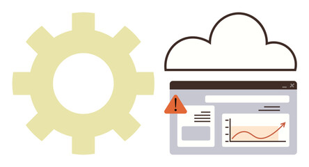Gear, cloud, and analytics dashboard highlighting a warning alert. Ideal for technology, cloud storage, data management, workflow, system error innovation and productivity themes. Simple flat