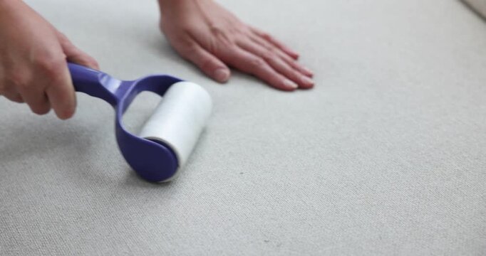 Woman cleaning sofa with lint roller at home, closeup