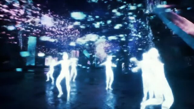 Futuristic Neon Dancers Performing in a Vibrant Digital Cityscape at Night.