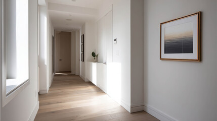 Minimalist Hallway with Pale Wood Flooring and White Walls Featuring Natural Light and Artwork in a Modern Interior Design Setting