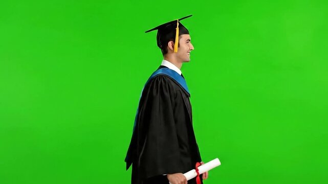 Side profile of a happy male graduate in a cap and gown walking with his diploma against a green screen, graduation background