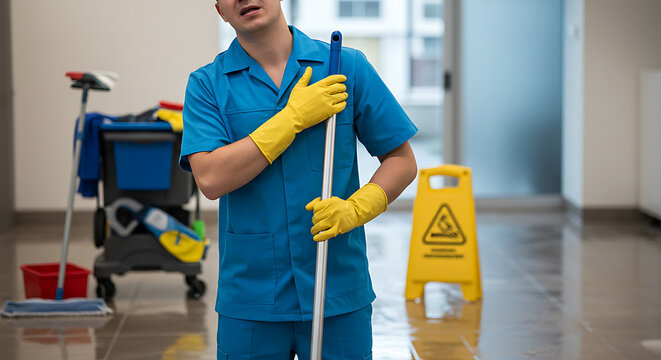 Exhausted professional cleaner in blue uniform with mop and wet floor sign, showing fatigue after work in a commercial setting.
