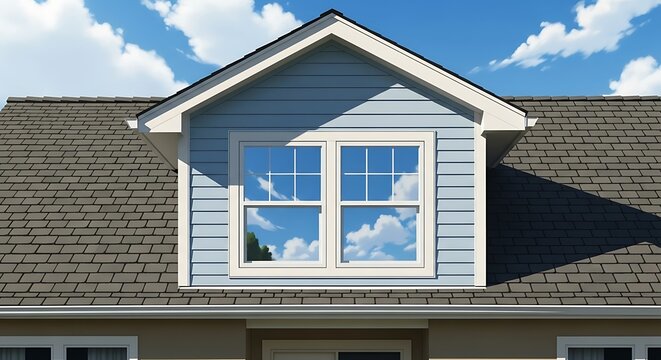 Dormer Window Blue House Exterior with Sky Reflection  Residential Architecture.