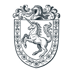 Medieval coat of arms with a unicorn rampant, golden horn shining, shield bordered. Black and White Icon Vector and Illustration