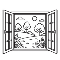 Elegant vector artwork representing a beautiful landscape visible through a home window, minimalist style in black and white with clean black outline.