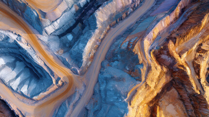 Aerial View of Terraced Mining Pits Carved into Colorful Landscape with Rich Textures and Patterns from Above