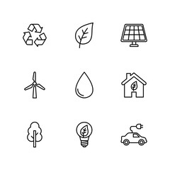 Handdrawn Outline Ecology Icon Set, Renewable Energy and Green Technology