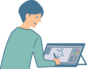 液晶タブレットでイラストを描く男性のイラスト