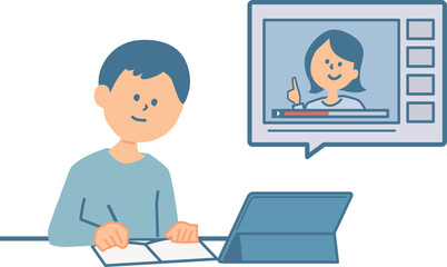 動画で学習する子供のイラスト