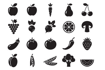 A grid of black silhouette icons representing a variety of fresh fruits and vegetables, showcasing healthy food options for dietary and wellness content isolated on transparent background