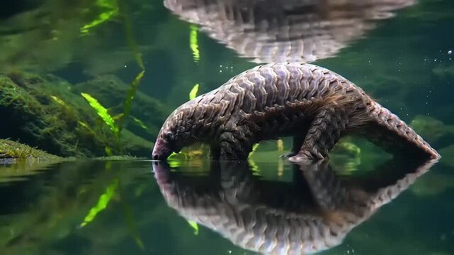 Pangolin drinks water reflecting on surface in aquarium environment