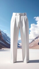 White trousers standing on surreal snowy mountain landscape