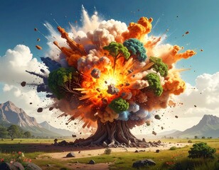 Broccoli tree exploding with vibrant colorful smoke