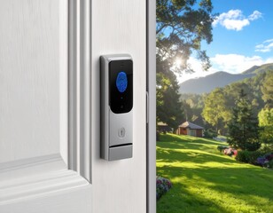 Smart lock on white door with fingerprint technology