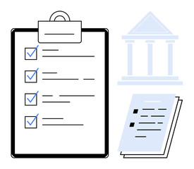 Clipboard checklist with checkmarks, stacked documents, and outlined government building. Ideal for compliance, regulation, approval process, organization, bureaucracy, accountability productivity