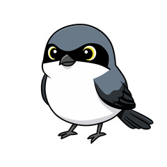 Adorable cartoon shrike bird with gray wings and black mask pattern. Perfect for wildlife design, children’s books, animal icons, or nature-themed vector illustrations