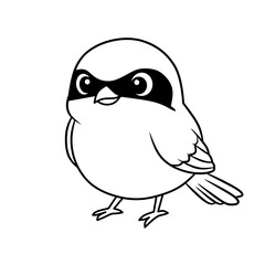 Black and white outline of a cute shrike bird with a mask-like pattern. Great for coloring pages, children’s materials, or wildlife drawing and educational vector projects