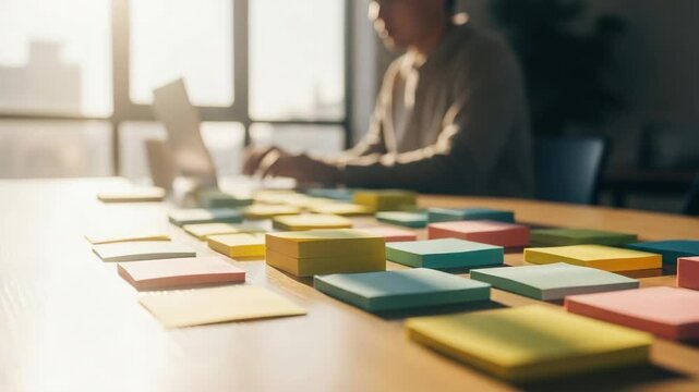 Typing on Laptop with Colorful Sticky Notes on Table in Bright Room