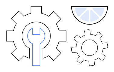 Gears and wrench symbolize teamwork, problem-solving, engineering. Lemon slice adds creativity, flavor balance. Ideal for innovation, team building, tech process, repair development customization