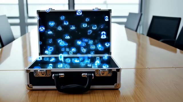 Opened briefcase displays digital icons in a conference room setting