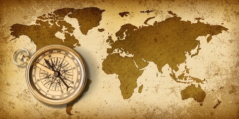 Classic round retro compass and old vintage map