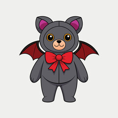 Cute Bat-Bear Hybrid Character with Red Wings and Bow – Fantasy Cartoon Illustration