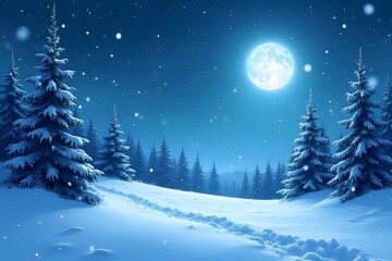 Naklejka premium stylized neon line art Winter landscape.Stylized festive backdrop. Xmas and new year wallpaper. Trees in winter snowdrift. Snowfall at night full moon