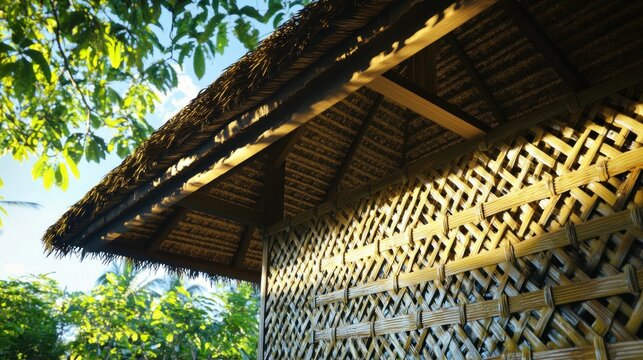 Balinese Rice Barn (Lumbung) - Woven Bamboo & Shells: A traditional Balinese lumbung, its thatched roof replaced by intricately woven bamboo and inlaid with shimmering capiz shells