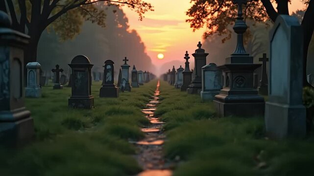 Eerie graveyard path at sunset with weathered tombstones and trees casting shadows