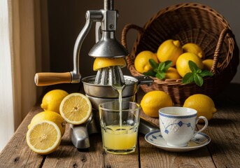 Freshly squeezed lemon juice being poured into a glass from a vintage manual juicer, with lemons in a basket