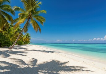 Tropical beach with palm trees and turquoise ocean isolated on white background