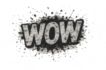 Wow word text with grunge splash effect expressing surprise and excitement, featuring a transparent background