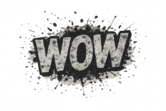 Wow word text with grunge splash effect expressing surprise and excitement, featuring a transparent background