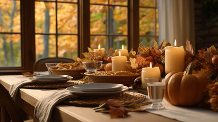Cozy Thanksgiving Table with Centerpiece and Candles Surrounded by Autumn Decor in a Warm Indoor Setting