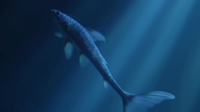 A fish swims up toward the sunlight in deep, blue water