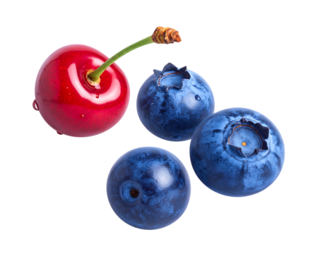 輝くチェリーとブルーベリーが舞う｜背景なし・透過PNG