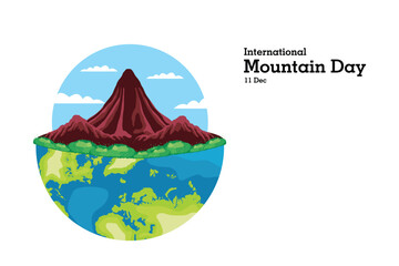 Vector illustration for International Mountain Day, December 11, showing a tall red mountain on Earth with blue sky and clouds.