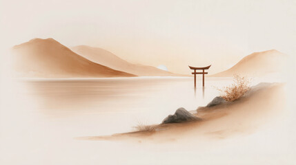 Serene Japanese Landscape Featuring Mountains and a Tranquil Lake with a Torii Gate at Dusk