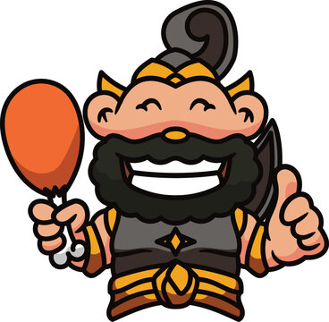 Cute Cartoon Indonesian Hero Gatotkaca Holding Fried Chicken and Giving Thumbs Up