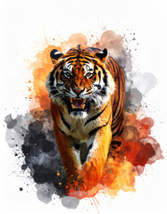 A tiger is walking through a cloud of paint